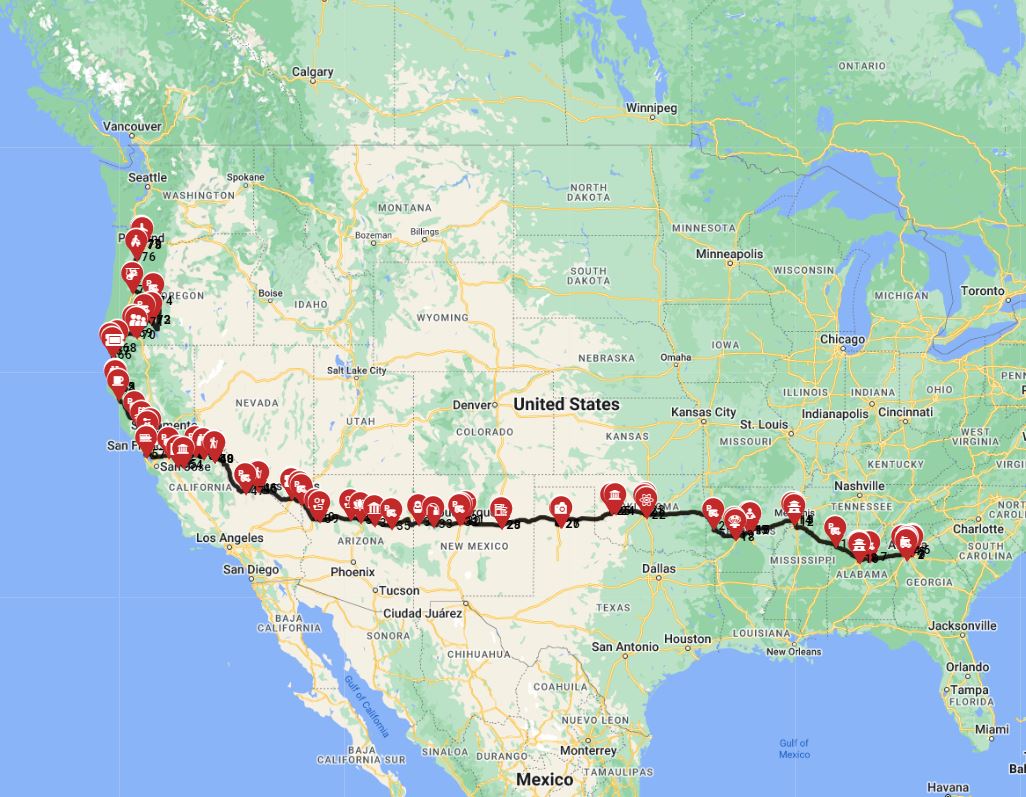Map for Atlanta to Portland - Southern Grooves to Pacific Peaks